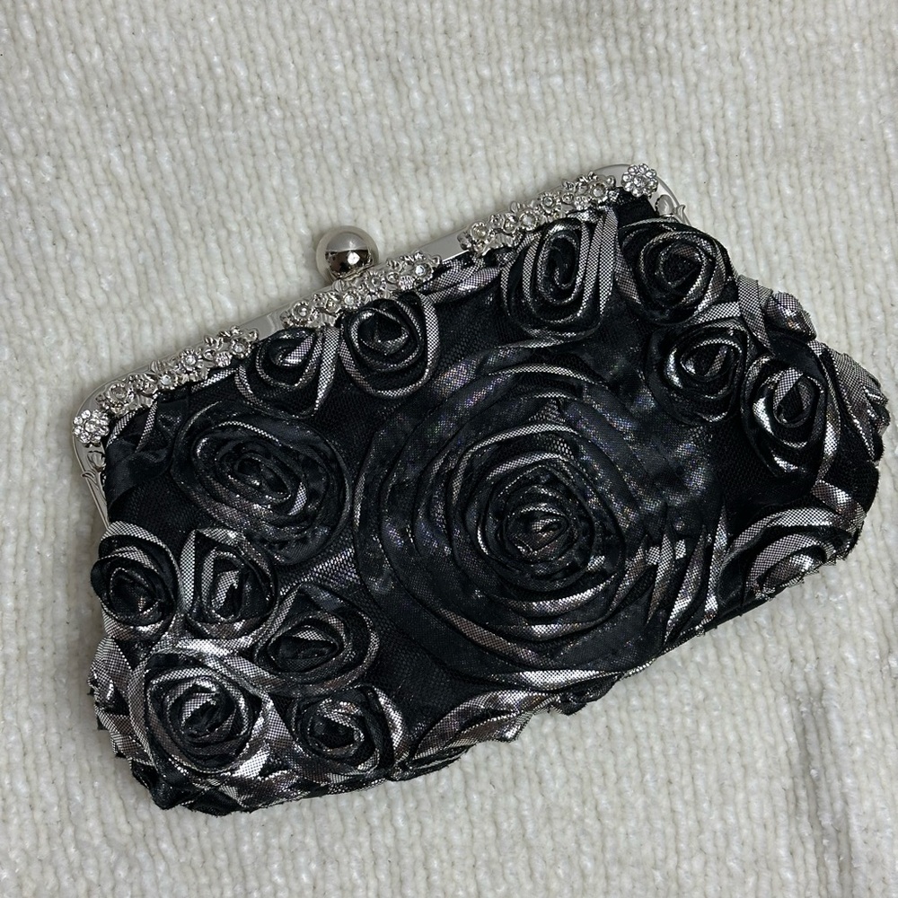 Black And Silver Rose Pattern Evening Clutch By I… - image 2